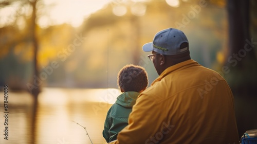 Father and son sitting against the lake view at sunset