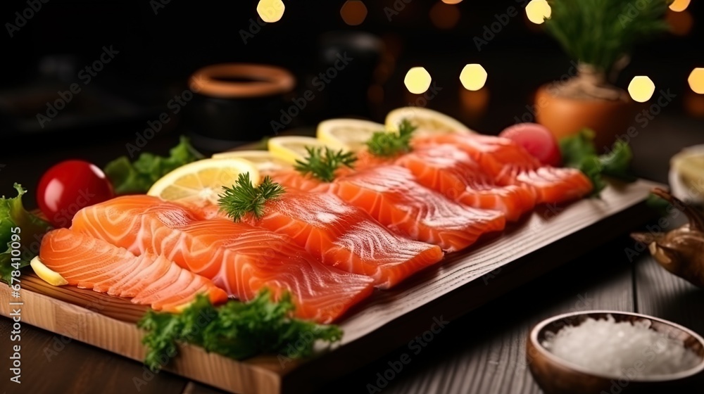 Salmon sashimi presented on the table Salmon sashimi presented on the table