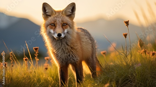 Fox Surveys the Landscape  Standing in Tall Green Grass Amidst Mountains and a Sunset