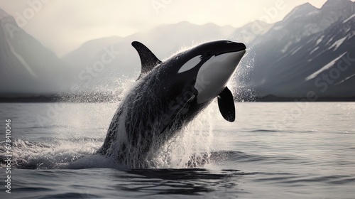 Over the Coastal Waters, an Orca Leaps from the Ocean, Skillfully Entertaining with the Waves