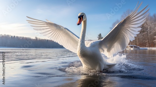 Over Serene Lake, Swan Sails in Regal Posture. The Clear Sky is Mirrored in its Snow-White Feathers