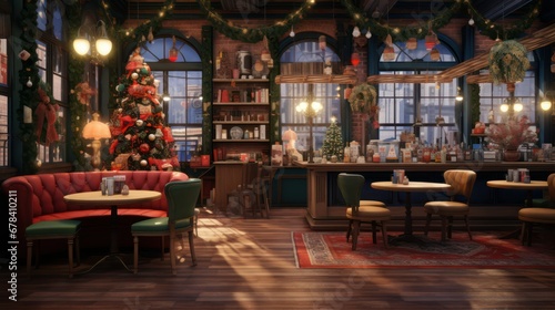 Christmas cafe interior with Christmas tree and decorations.