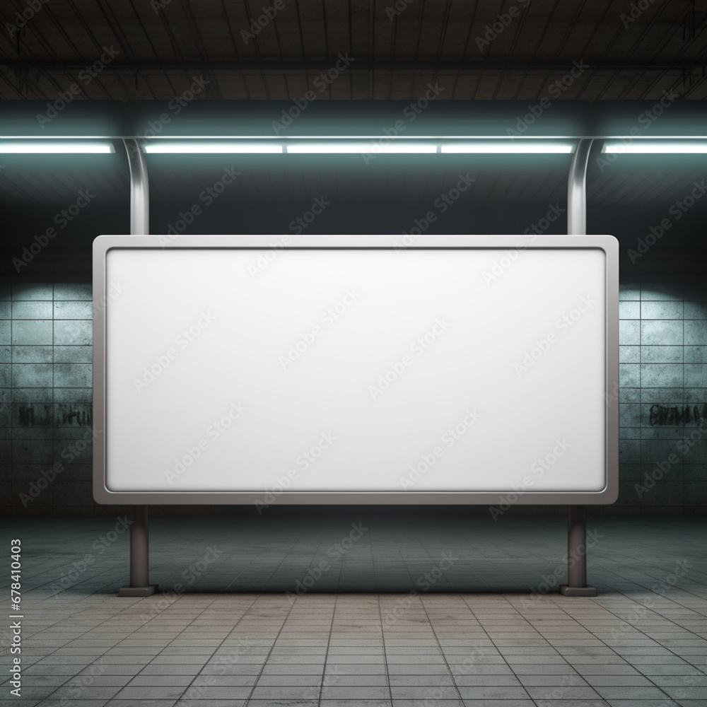 An advertisement, sign or billboard in subway station, in the style of dark white An advertisement, sign or billboard in subway station, in the style of dark white