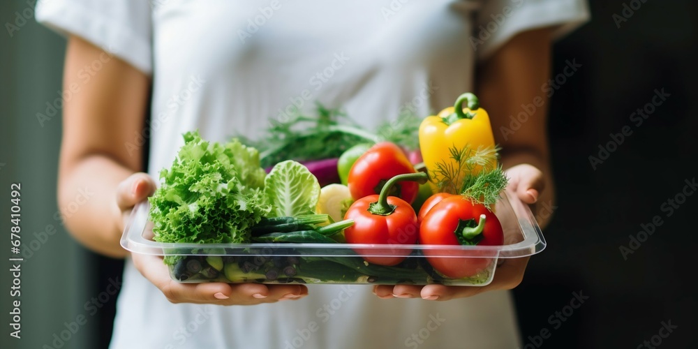 Woman Holding Plastic Container with Fresh Raw Vegetables. Generative ai Woman Holding Plastic Container with Fresh Raw Vegetables. Generative ai