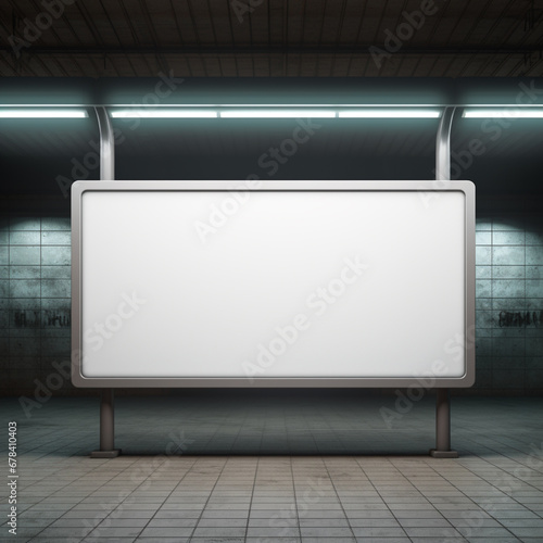 An advertisement, sign or billboard in subway station, in the style of dark white