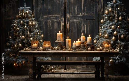 Christmas and New Year decoration with candles and fir tree.