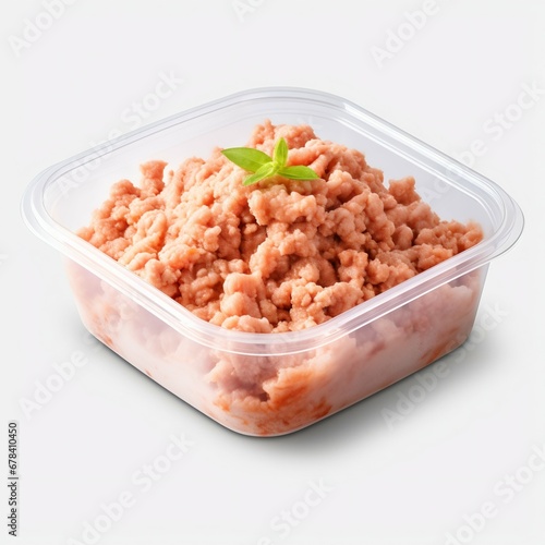 Plastic Container with Fresh Raw Minced Chicken Isolated on White. Generative ai