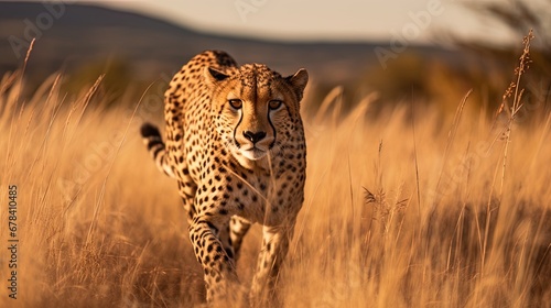 On the Savannah, Cheetah Moves Gracefully, Spotted Coat Fusing with the Golden Grass
