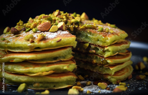 Stack of pancake poured with pistachio paste close up
