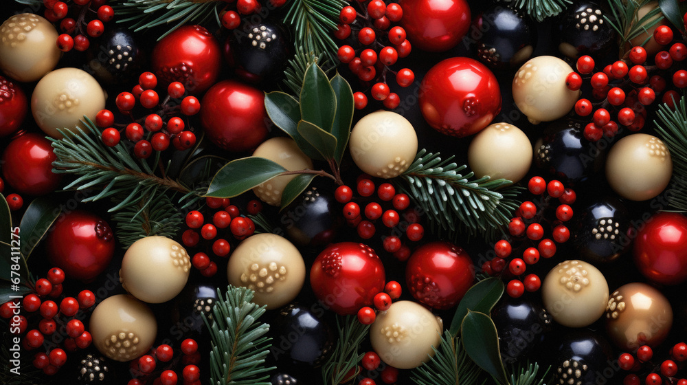 Christmas baubles with fir branches and berries as background, top view.
