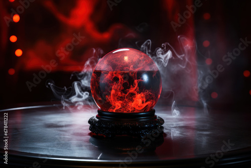 Esoterics and astrology concept background, fortune telling crystal ball in dark red and black room, magic spiritual seanse, copy space
