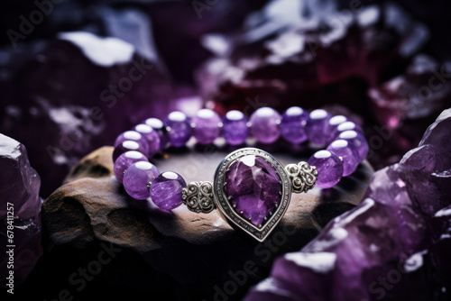 jewelry bracelet with amethysts gem stone on dark background