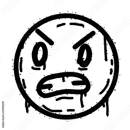 Graffiti grunge face. Cartoon aerosol fun expression. Spray funky paint art with leak and dot. Street art and urban vandalism symbol. Black grungy spill character isolated on white