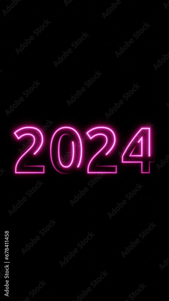 Vertical video Happy new year 2024 neon text loop animation Vertical video Happy new year 2024 neon text loop animation