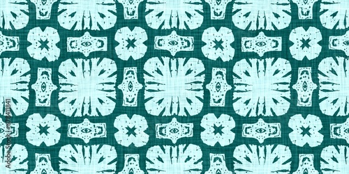 Teal green white vibrant watercolor batik azulejos tile border banner background. Seamless aqua coastal blur linen effect geometric mosaic effect.Boho Patchwork nautical masculine summer ribbon trim. 