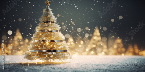 Christmas tree decorated with white and gold colors lights outdoors at Christmas eve night