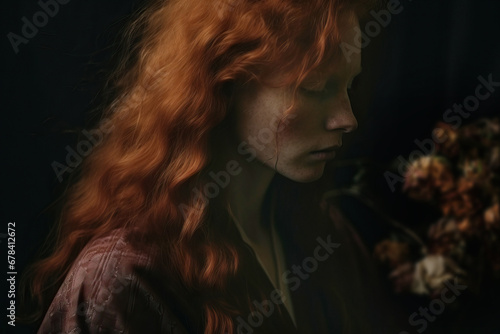 Generative AI image of a portrait of a woman with red hair in shadow photo