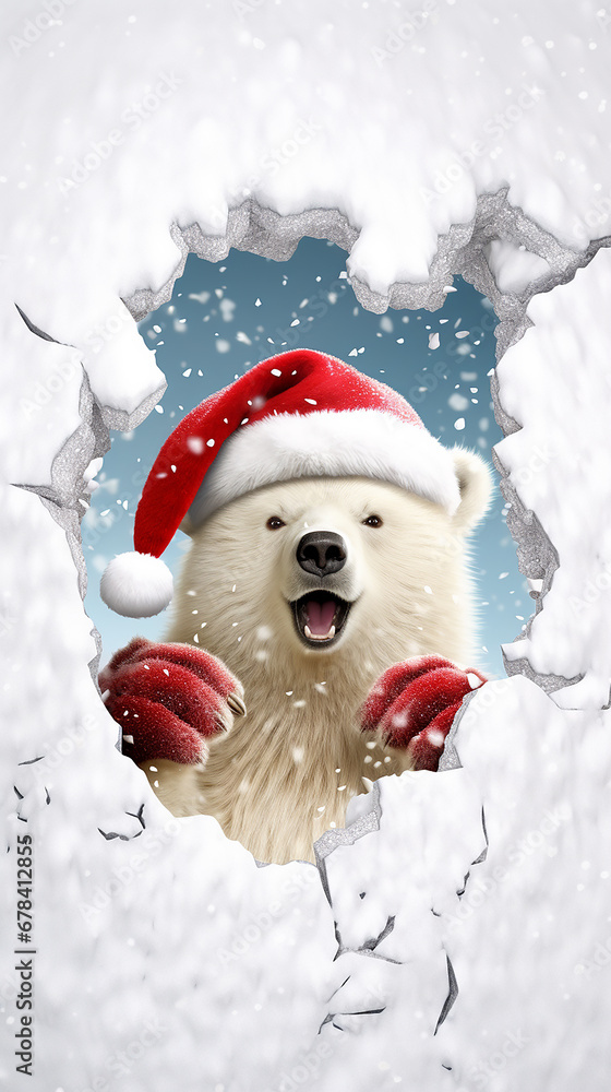 Buraco 3D na parede de neve com um Urso fofo e brincalhão usando um chapéu de Papai Noel em uma cena de Natal no Pólo Norte
