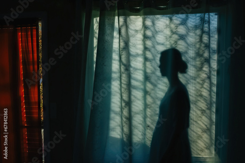 Generative AI image of a woman silhouette against a patterned curtain photo