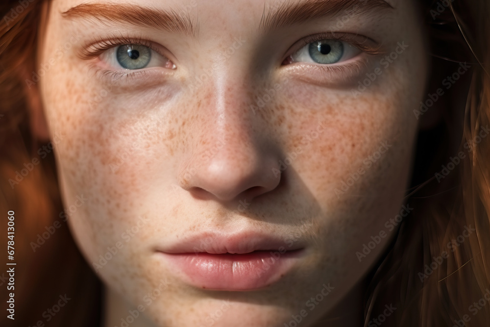 Generative AI illustration of close-up of woman with green eyes and red hair looking at camera her freckles accentuating her fair complexion Generative AI illustration of close-up of woman with green eyes and red hair looking at camera her freckles accentuating her fair complexion