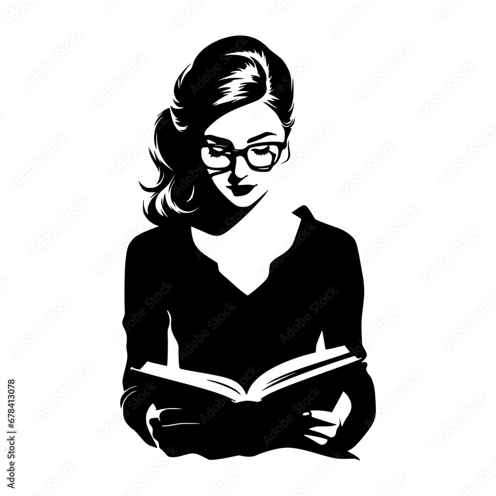 Black and white vector illustration of an intelligent woman with glasses, in reading a book. Black and white vector illustration of an intelligent woman with glasses, in reading a book.
