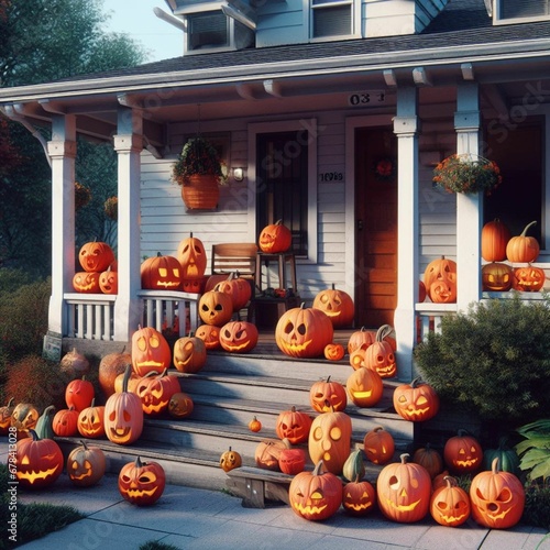 90s style house with pumpkins in front Generative Ai

