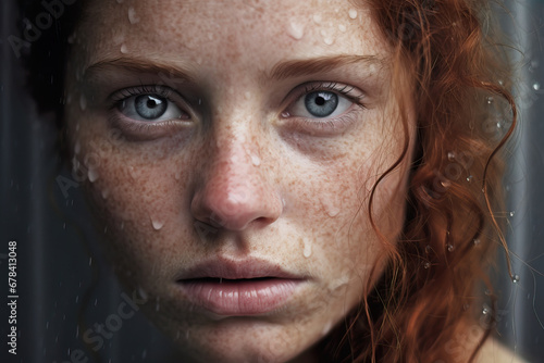 Generative AI illustration of solemn red haired woman behind a rain spattered window her eyes conveying a sense of longing photo