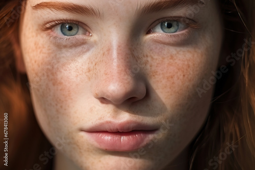 Generative AI illustration of close-up of woman with green eyes and red hair looking at camera her freckles accentuating her fair complexion photo