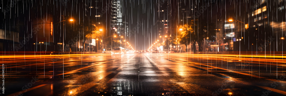 Rainy midnight composition, yellow light tail rain and traffic light reflections in a metropolitan city, black mood and warm lights