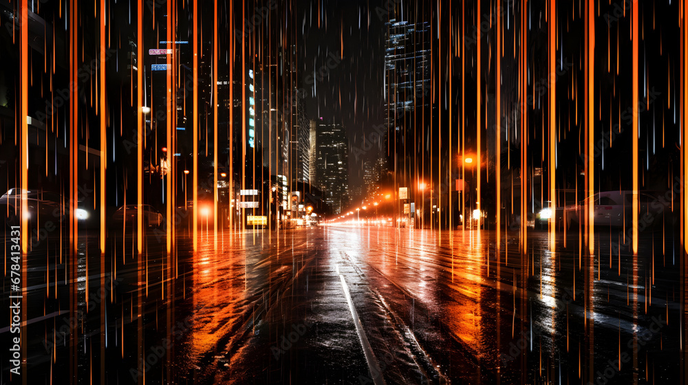 Rainy midnight composition, yellow light tail rain and traffic light reflections in a metropolitan city, black mood and warm lights