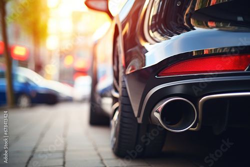 Close up of stainless steel exhaust tip muffler pipe of sports car, bokeh car showroom on background. Dual exhaust at the back of black car with rear defuser