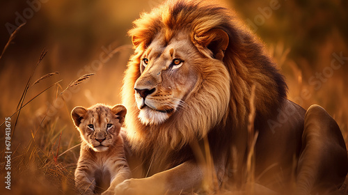 foto adoravel de rei leão com seu filhote, amor de pai 