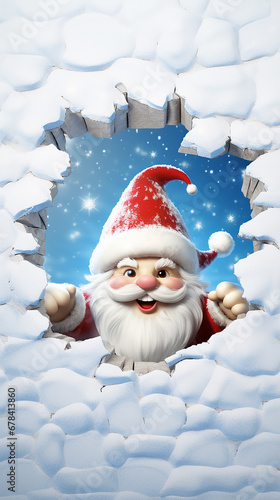 Buraco 3D na parede de neve com um Papai Noel fofo e brincalhão usando um chapéu de Papai Noel em uma cena de Natal no Pólo Norte