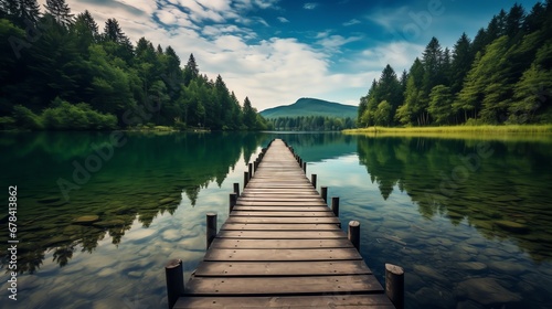 a wooden dock over a lake