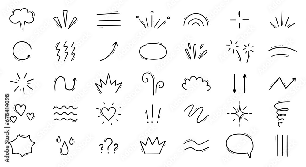 Expression sign doodle set. Comic decorative brush stroke lines, design elements, emotion symbols, anime movement in sketch style. Hand drawn vector illustration isolated on white background