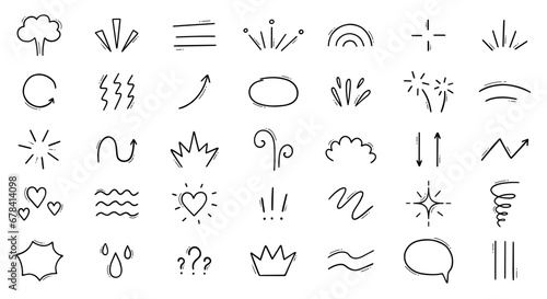 Expression sign doodle set. Comic decorative brush stroke lines, design elements, emotion symbols, anime movement in sketch style. Hand drawn vector illustration isolated on white background