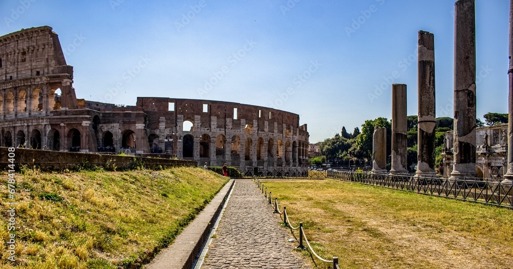 Scenic shot of the Colosseum and the Temple of Venus and Roma at the Roman Forum in Rome, Italy