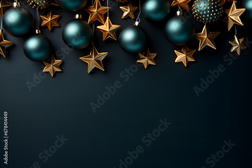 Christmas flat lay mockup with navy blue balls and gold stars decoration on dark background with copy space. Top view of winter holiday concept composition.