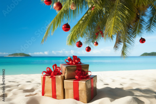 Christmas holiday vacation. Festive gifts and presents on a tropical beach. Seasonal travel © ink drop