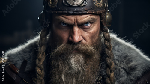 Nordic Resilience: Portrait of a Man in Viking Attire, Exuding Strength and Cool Confidence photo