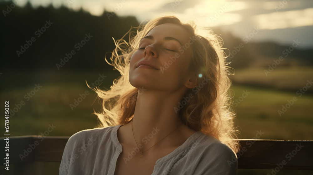 beautiful woman with smile during sunrise in beautiful nature. In the style of feminine empowerment