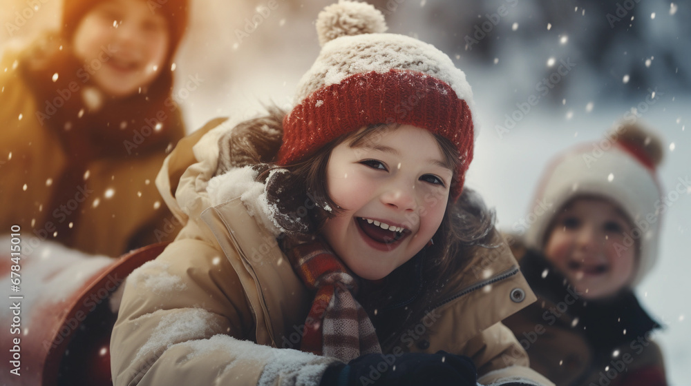 Kids' Joyful Sled Ride in Snowy Winter Scene Kids' Joyful Sled Ride in Snowy Winter Scene