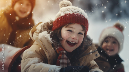 Kids' Joyful Sled Ride in Snowy Winter Scene
