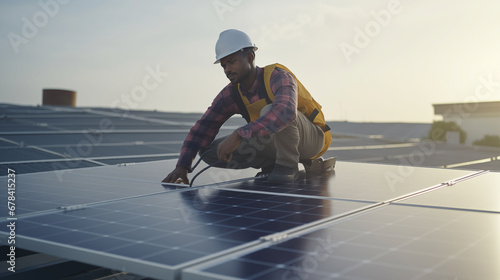 man worker fixes or mounting solar panels on the roof. detail shot. Sunlight, solar energy photo