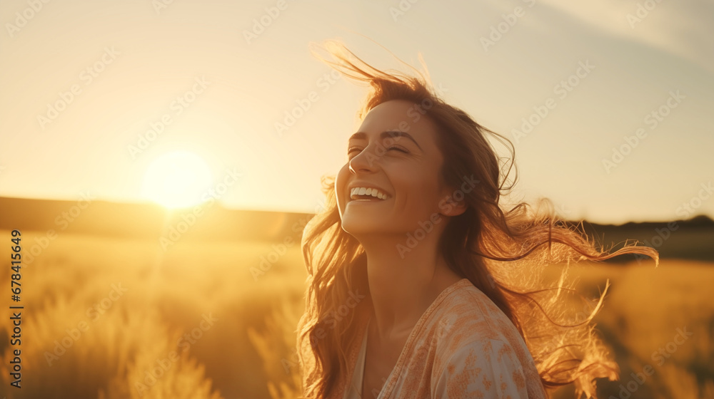 beautiful woman with smile during sunrise in beautiful nature sommerfield beautiful woman with smile during sunrise in beautiful nature sommerfield