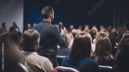 man in audience holding microphone and talking, in the style of dark teal and dark gray, strong use of color, academic precision. a man is giving a talk at a training conference photo