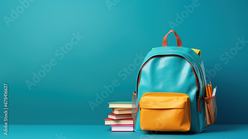 Full school backpack with books isolated on blue background with copy space. Back to School concept