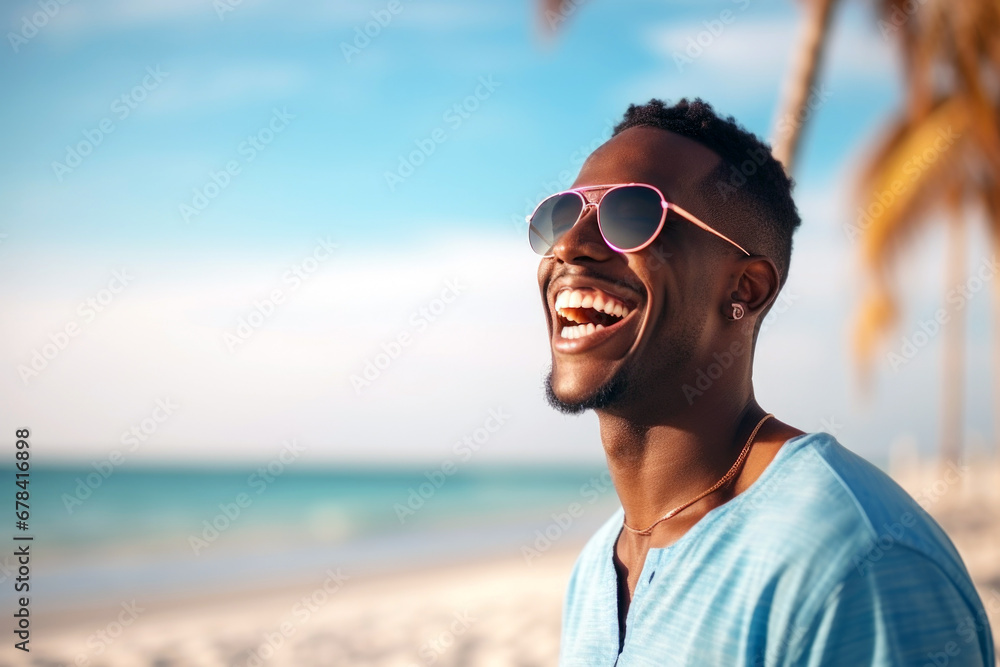 Portrait of a happy laughing black man on beach with sunglasses smiling laughing on summer holiday vacation travel lifestyle freedom fun. Portrait of a happy laughing black man on beach with sunglasses smiling laughing on summer holiday vacation travel lifestyle freedom fun.
