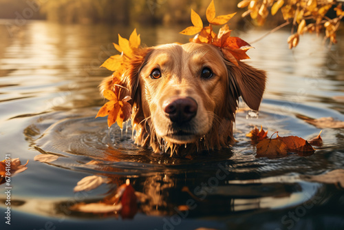 Golden Labrador Retriever dog with a wreath of maple leaves swimming in an autumn lake. autumn background. Fall holiday with dog. Swimming dogs © Boraryn