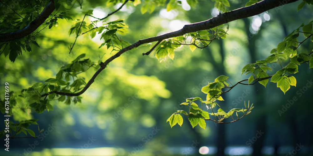 Fototapeta premium vibrant green leaves sprouting on spring branches, the lively verdure set against a tranquil, out-of-focus park scene dappled with the soft light of dawn